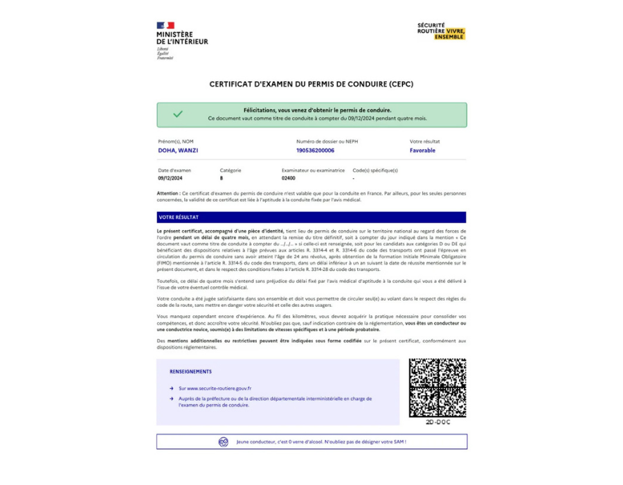 Résultats permis de conduire